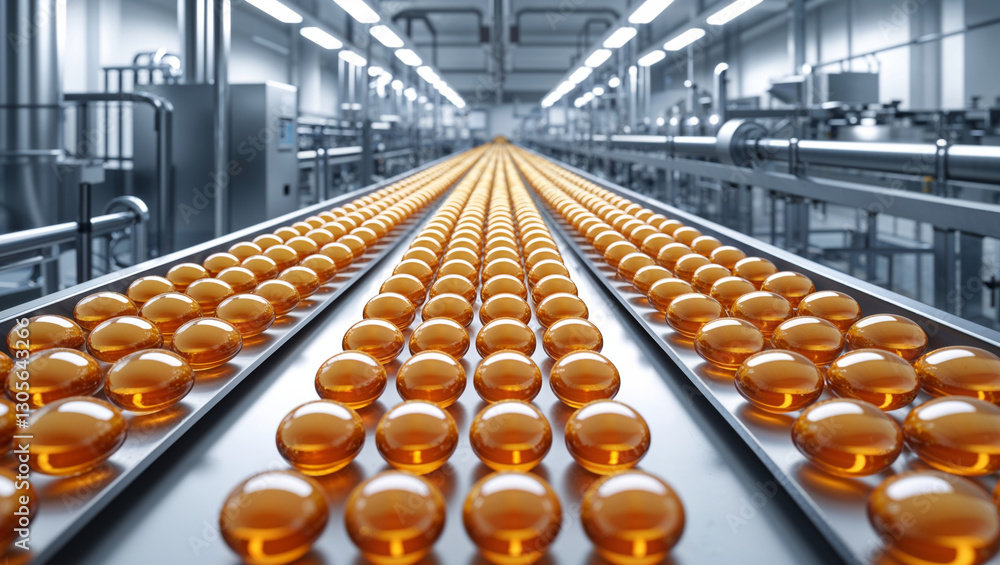 Fototapeta premium Pharmaceutical production: Rows of capsules move along a conveyor belt in a modern factory.