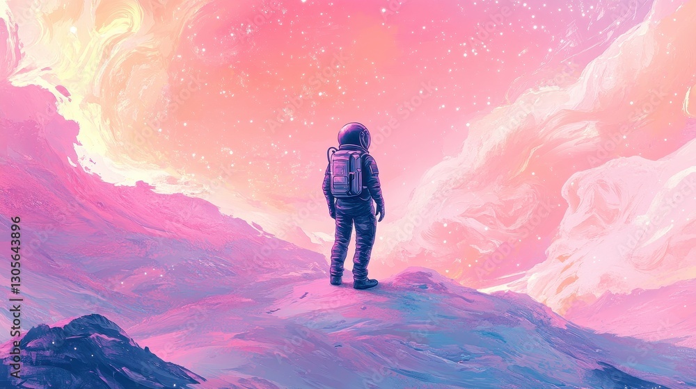 Fototapeta premium An astronaut standing on a planet looking at the colorful atmosphere