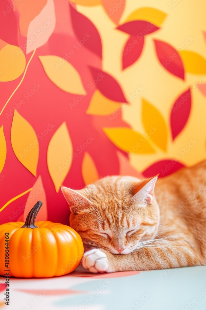 Ginger cat naps peacefully beside a small pumpkin against a warm autumnal backdrop. Ginger cat naps peacefully beside a small pumpkin against a warm autumnal backdrop.