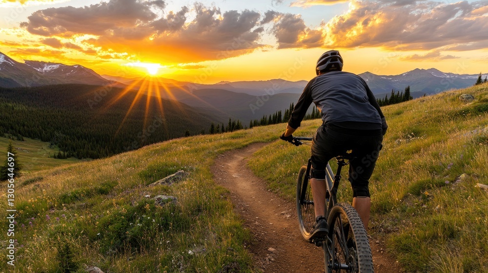 Fototapeta premium A mountain biker navigates a narrow dirt trail surrounded by lush greenery while the sun sets in the distance, casting a warm glow over the scenic mountains and valleys