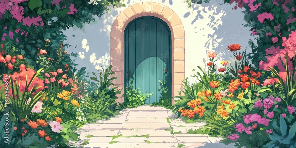 Fototapeta premium A sunlit garden path leads toward a closed green door