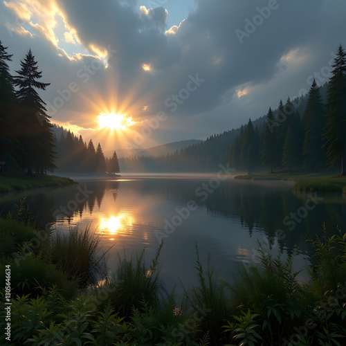 Spectacular Sunset over a calm lake in Colorado Rockies. Oil Painting style. There are no words to describe the beauty adequately.  photo