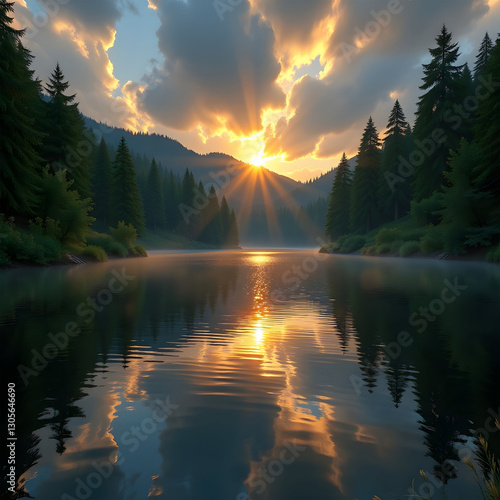 Spectacular Sunset over a calm lake in Colorado Rockies. Oil Painting style. There are no words to describe the beauty adequately.  photo