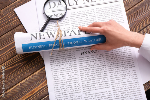 Female hand with newspapers...