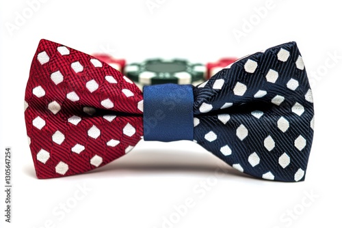 A stylish bow tie with a playful polka dot pattern in red and navy. Perfect for formal occasions or adding flair to your outfit. Elevate your fashion game. Generative AI photo