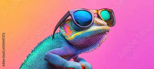 Fototapeta chameleon wearing sunglasses in front of a single-color background
