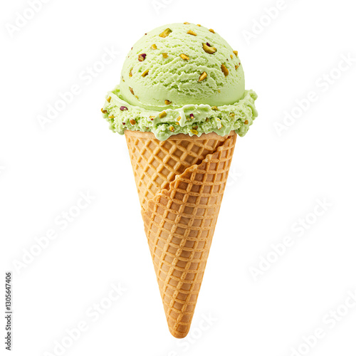 A single scoop of pistachio ice cream with nuts sits atop a crispy waffle cone, isolated on a white or transparent png