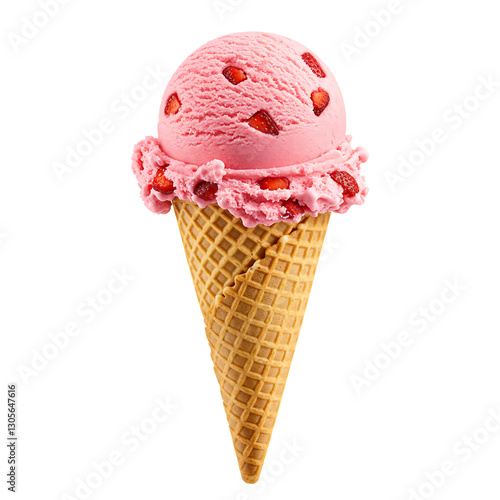 A single scoop of pink strawberry ice cream with visible strawberry pieces, served in a crispy waffle cone, isolated on a white or transparent png