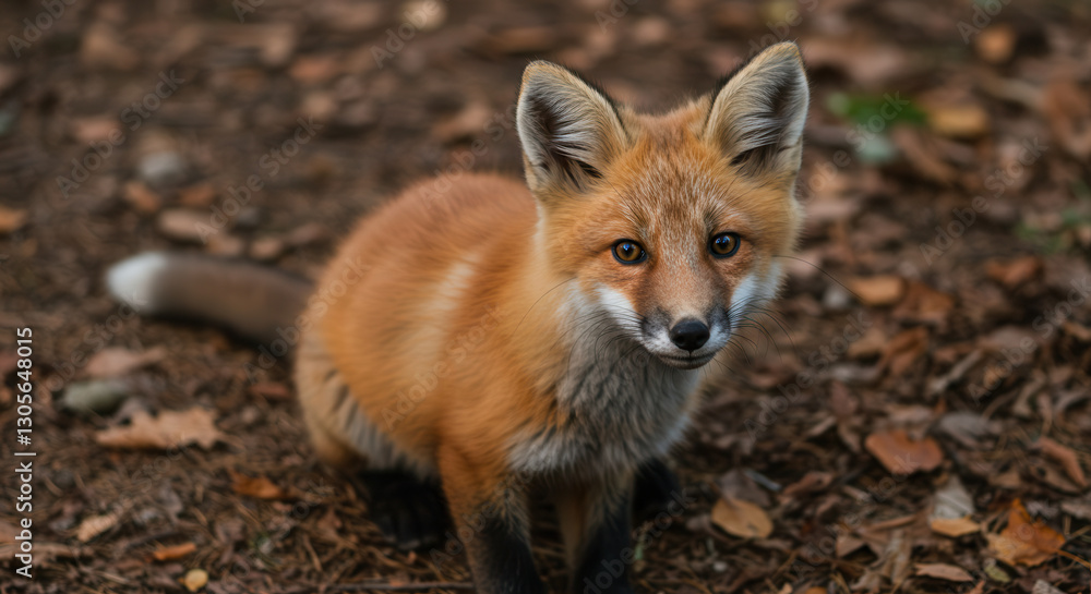 Fototapeta premium Curious Young Red Fox Sitting on Forest Floor Among Brown Leaves in Autumn