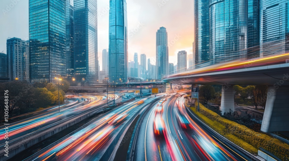 Fototapeta premium City highway with light trails at sunset.