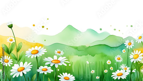 Daisies in Watercolor Meadow with Mountains Background in Spring