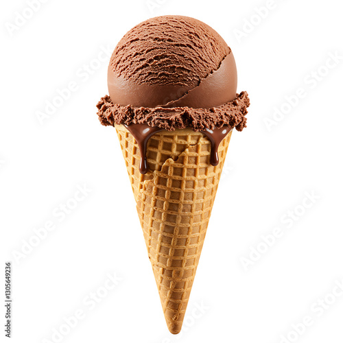 A single scoop of rich chocolate ice cream sits atop a crispy waffle cone, with melted chocolate dripping down the sides. Isolated on white or transparent png