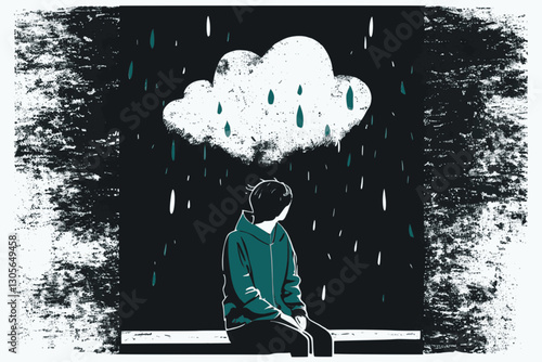 Young Person Under a Raincloud, teenage young adult worries anxiety depression bullying feeling alone simple cutout graphic style vector illustration
