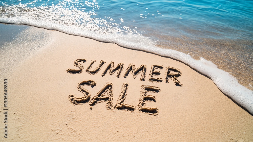 Fototapeta premium The shoreline features the word sale crafted in sand, surrounded by bright turquoise water and fluffy clouds under a clear blue sky
