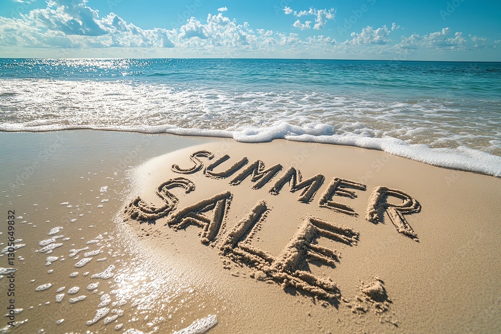 Fototapeta premium The shoreline features the word sale crafted in sand, surrounded by bright turquoise water and fluffy clouds under a clear blue sky