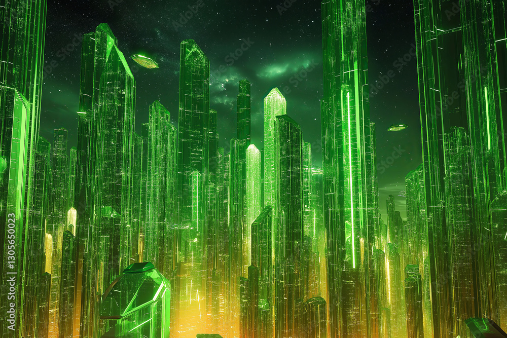 Futuristic Emerald City – Shimmering Crystal Skyscrapers, Floating Pods, and Neon Green Skyline