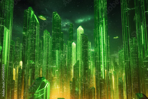 Obraz na płótnie Futuristic Emerald City – Shimmering Crystal Skyscrapers, Floating Pods, and Neon Green Skyline w salonie