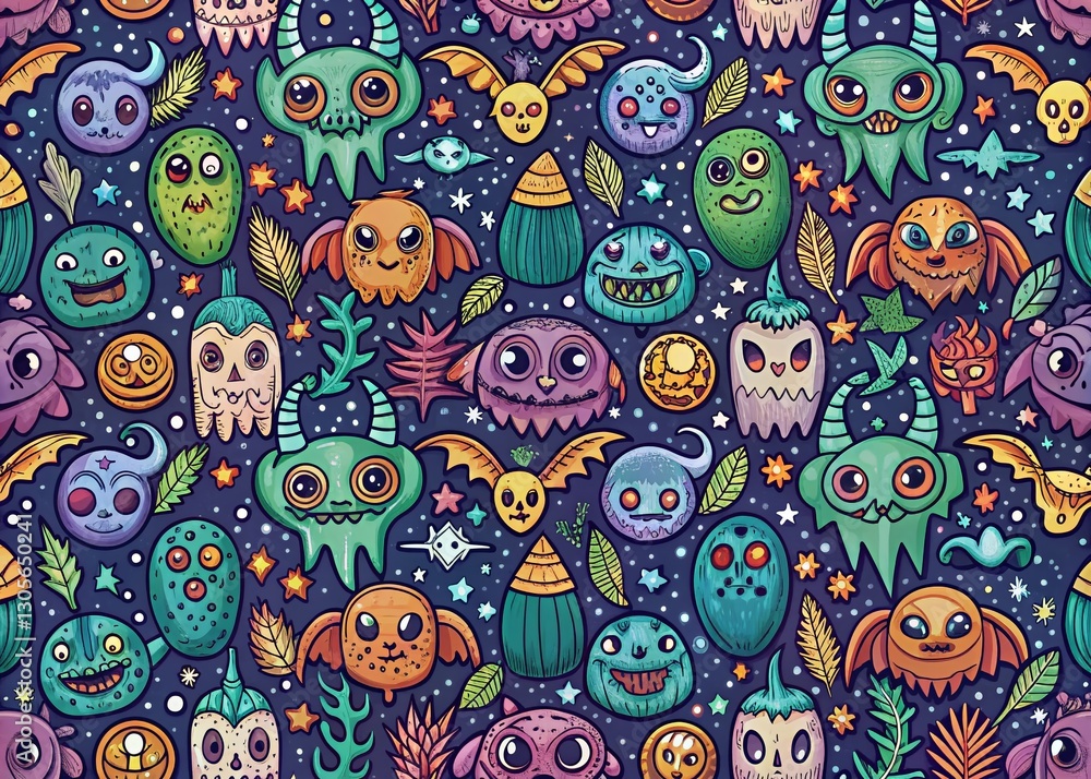 Naklejka premium Spooky Creature Doodle Pattern: Halloween Background Texture