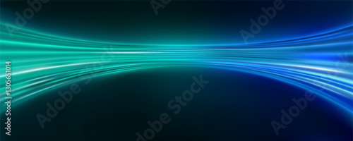 Blue green laser lights moving curves in dark studio background. Abstract neon lines. Fast moving beams. Dark room decorated with disco lights. Dance equipment. Futuristic high speed technology.