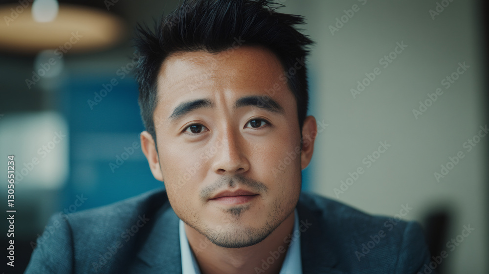 Obraz premium Portrait of a confident young Asian manager in a tailored suit, posing proudly in a sleek, modern office environment