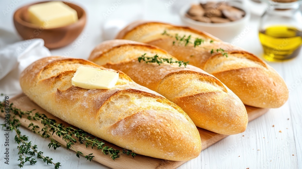 Baked loaves of bread cooling on a wooden board, topped with fresh herbs and slices of butter, creating a warm and inviting atmosphere in a kitchen Baked loaves of bread cooling on a wooden board, topped with fresh herbs and slices of butter, creating a warm and inviting atmosphere in a kitchen