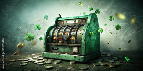 St. Patrick's Day Lucky 777 Slot Machine, Urban Exploration Photography, Green Shamrocks