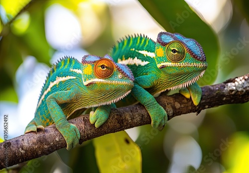 A photograph of the panther chameleon, scientifically named Furcifer pardalis, in Andasibe-Mantadia National Park, Madagascar photo