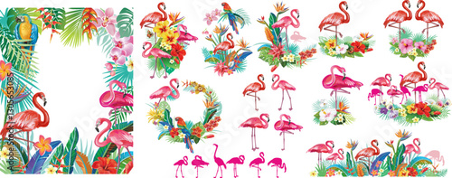 Tropical arrangements from flamingoes, flowers, leaves. Vector summer templates for party invitations, card, poster, banner, and other