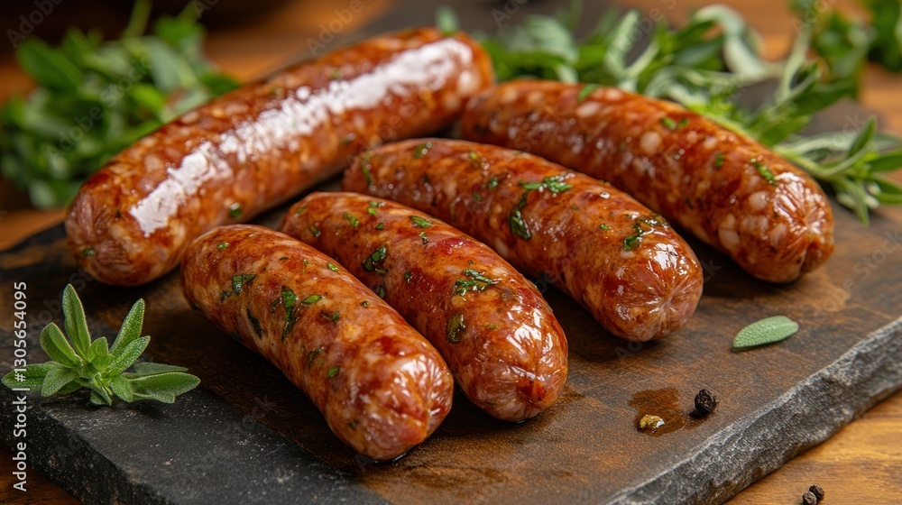 Fresh herbs seasoned sausages on wooden board Fresh herbs seasoned sausages on wooden board