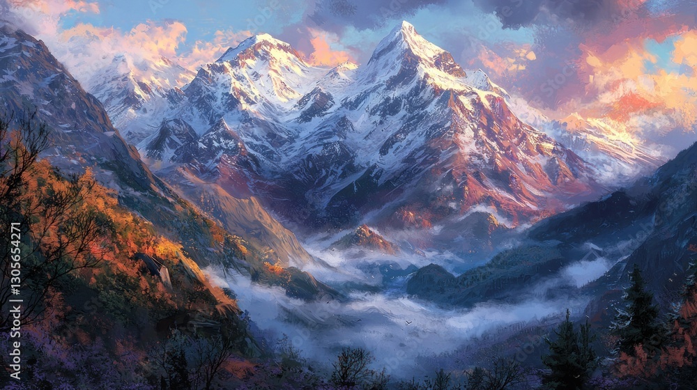 Obraz premium Majestic snow-capped mountains at sunset, mist-filled valley.