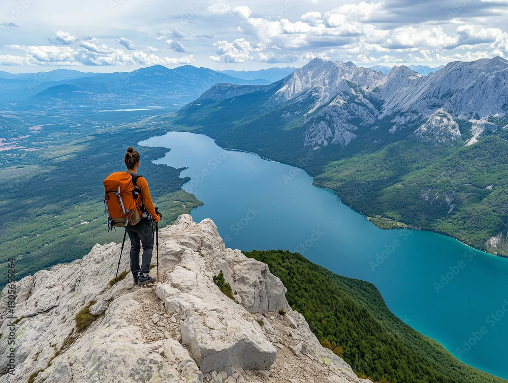 Hiker reaches summit overlooking stunning lake and mountainous landscape during daytime adventure Hiker reaches summit overlooking stunning lake and mountainous landscape during daytime adventure