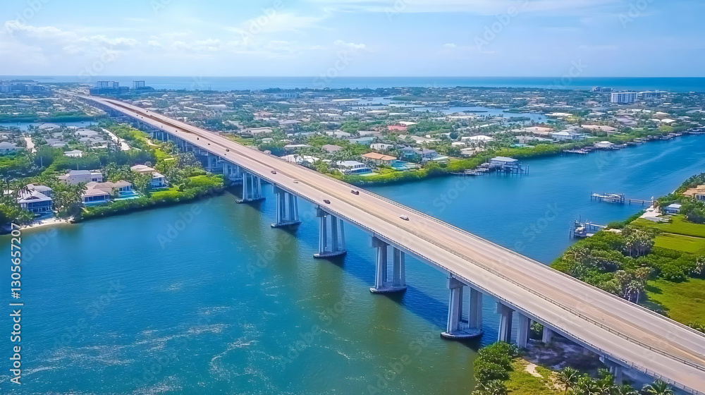 Elevated coastal infrastructure perspective, aerial view of bridge spanning marine channels Elevated coastal infrastructure perspective, aerial view of bridge spanning marine channels
