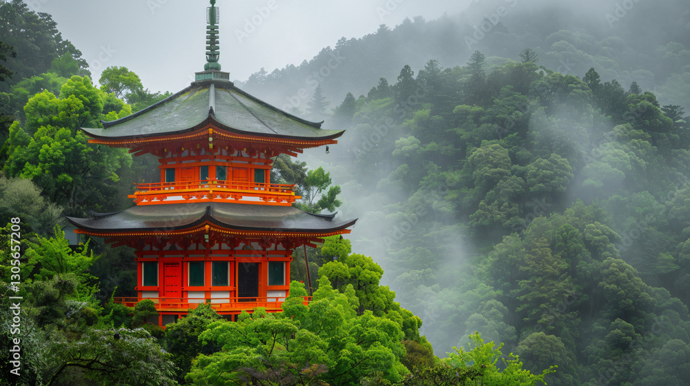 Misty Japanese temple surrounded by lush greenery, radiating Zen spirituality. Misty Japanese temple surrounded by lush greenery, radiating Zen spirituality.