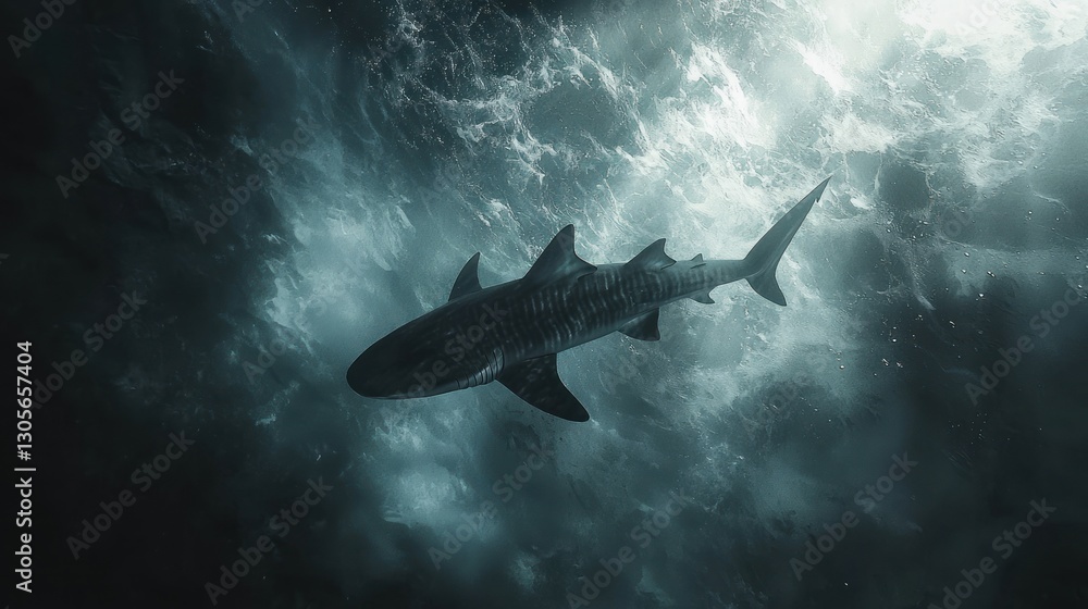 Fototapeta premium Tiger shark swimming in dark ocean water.
