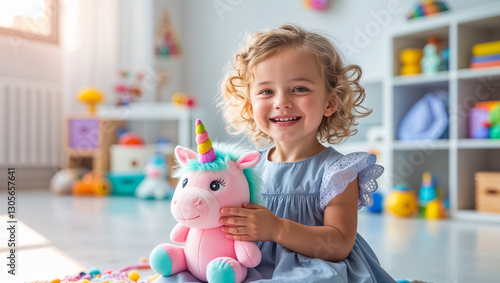 Little happy girl with soft toy unicorn in children's room