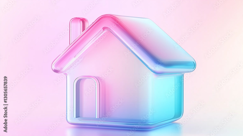 Glass home icon shining with pink and blue pastel colors Glass home icon shining with pink and blue pastel colors