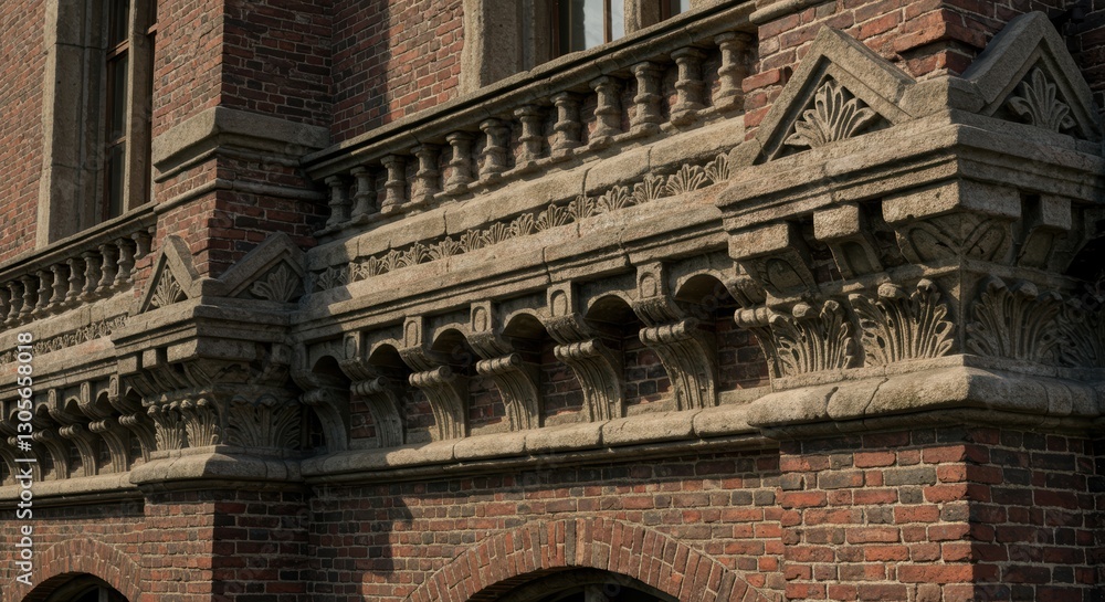 Obraz premium Historic brick facade with intricate stone detailing on classic building