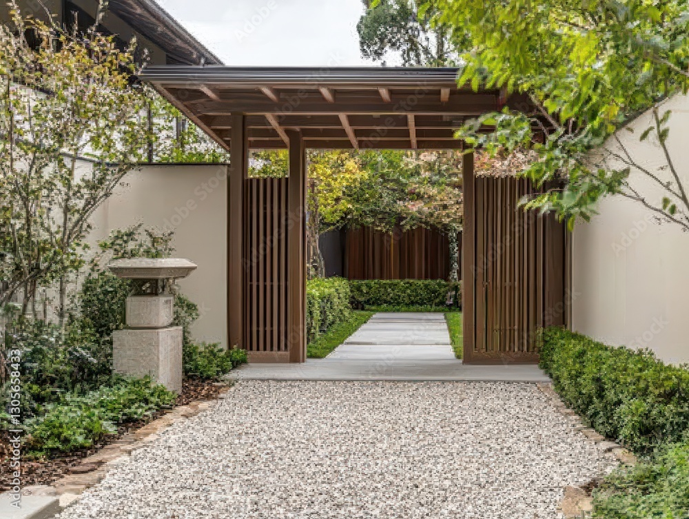 Naklejka premium A beautiful landscaped garden entrance with a wooden gate and path