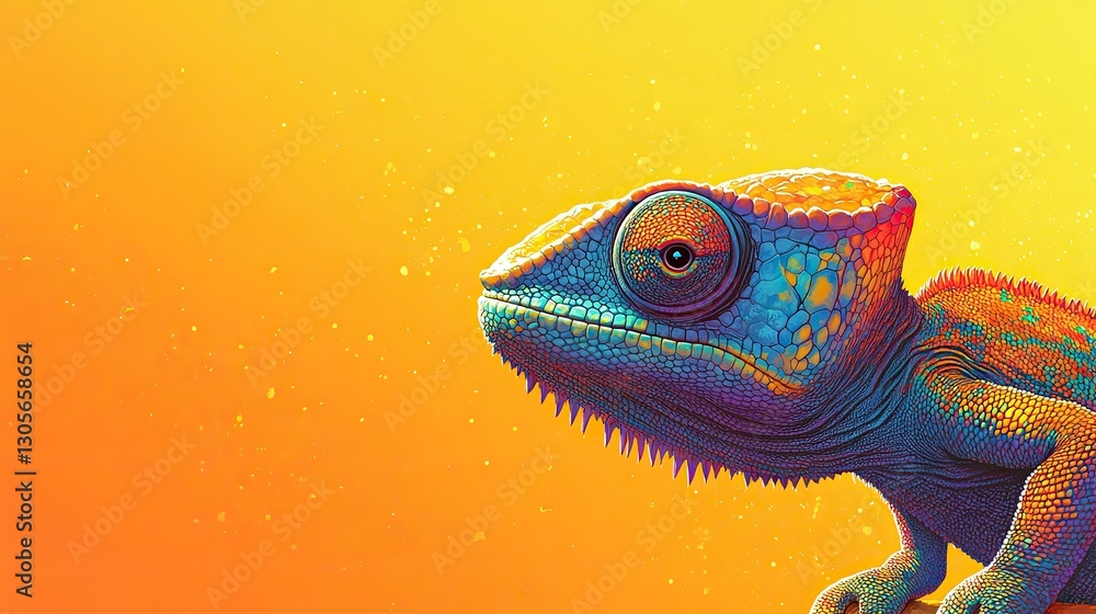 On a yellow background, a multi-colored chameleon is positioned with ample room for additional content On a yellow background, a multi-colored chameleon is positioned with ample room for additional content