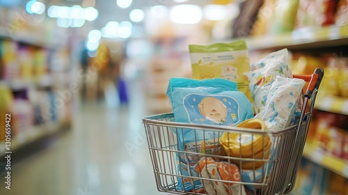 Baby Products In A Supermarket Shopping Cart