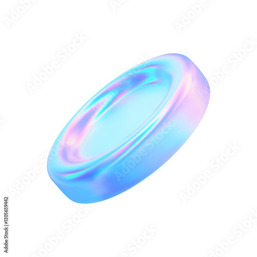 3d holographic coin icon. Neon casino element. Blue pink chrome money isolated. Currency, investment, bank icon. Vector realistic illustration, futuristic trendy design