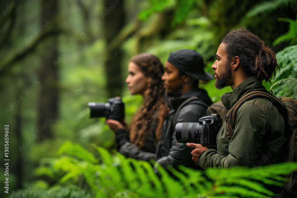 Fototapeta premium Nature's Observers: A diverse group of photographers captures the beauty of a lush forest. The image radiates a sense of adventure, highlighting the team's shared passion. 
