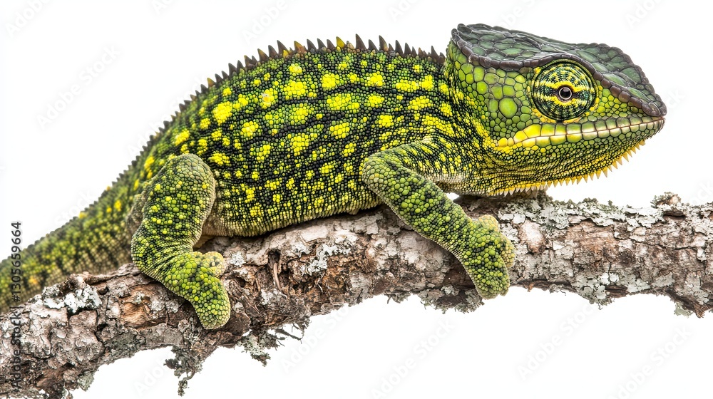 A wild animal from Madagascar, the large and colorful Calumma parsonii or Parsons chameleon, is climbing a tree branch with its curled tail, captured against a white background A wild animal from Madagascar, the large and colorful Calumma parsonii or Parsons chameleon, is climbing a tree branch with its curled tail, captured against a white background