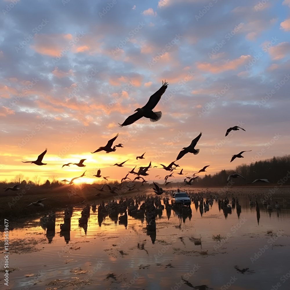 Fototapeta premium A spread of decoys at sunset