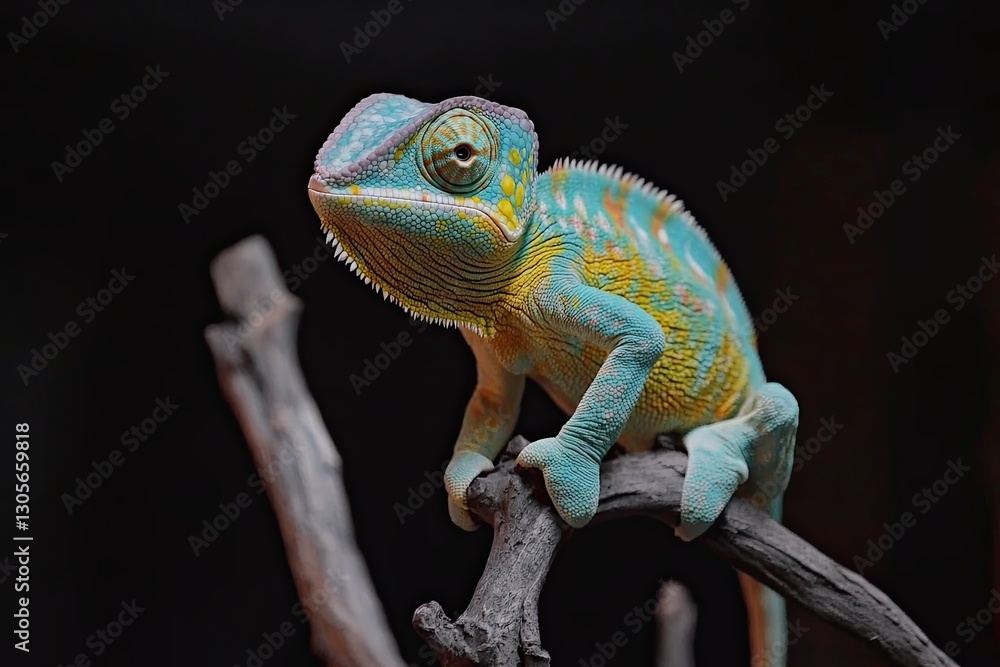 Fototapeta premium Black background featuring a stunning multicolored chameleon