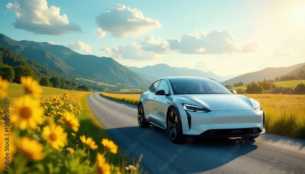 Fototapeta premium Solar-powered electric car on a scenic country route, energy, journey, auto