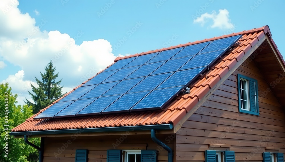 Solar array neatly aligned on a contemporary gable roofline , technology, photovoltaic Solar array neatly aligned on a contemporary gable roofline , technology, photovoltaic