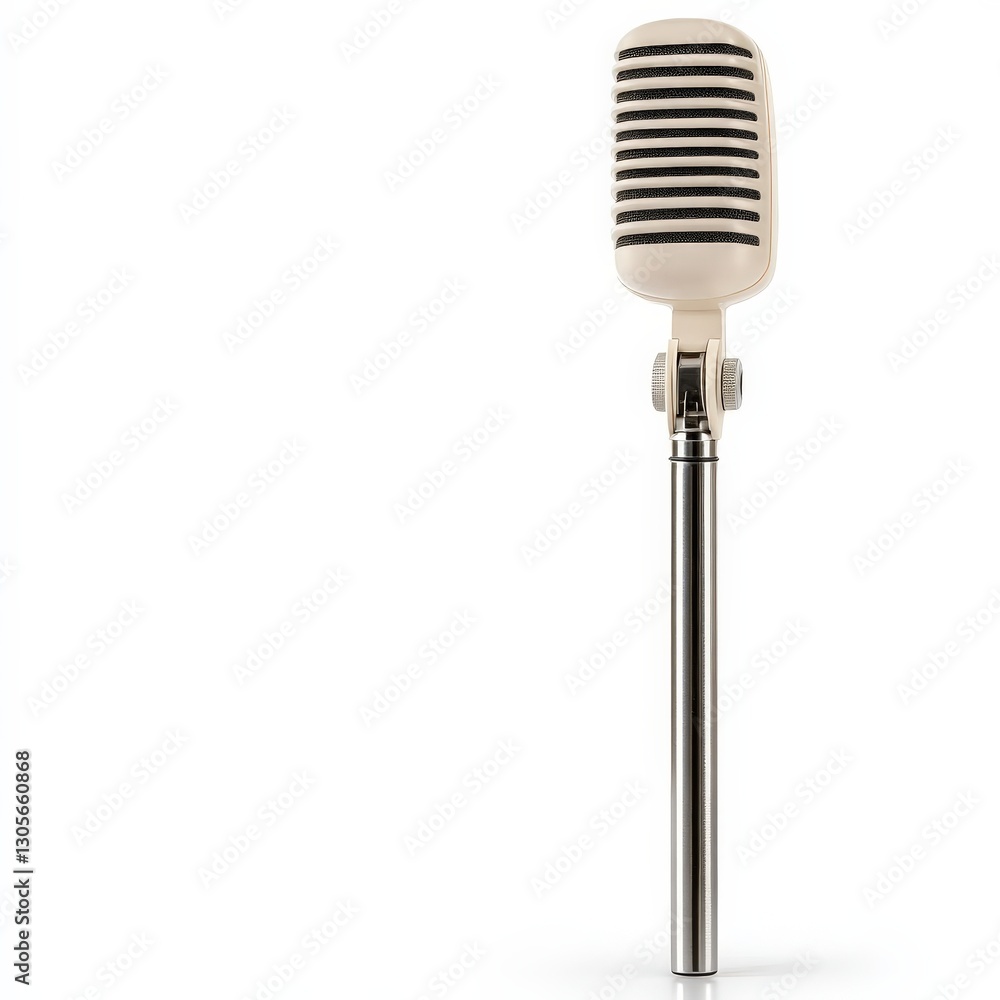 Fototapeta premium Vintage Microphone on Stand: Retro Design for Professional Audio Recording and Live Music Performances. White background with clipping path 