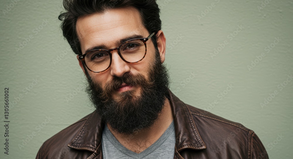 Obraz premium Casual portrait of bearded man in glasses and leather jacket against green wall
