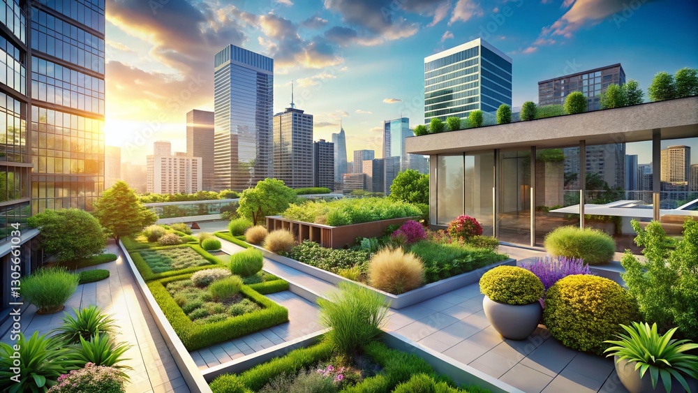 Fototapeta premium Urban Greenery: Sustainable City Conservation Effort, Rooftop Garden, Eco-Friendly Buildings